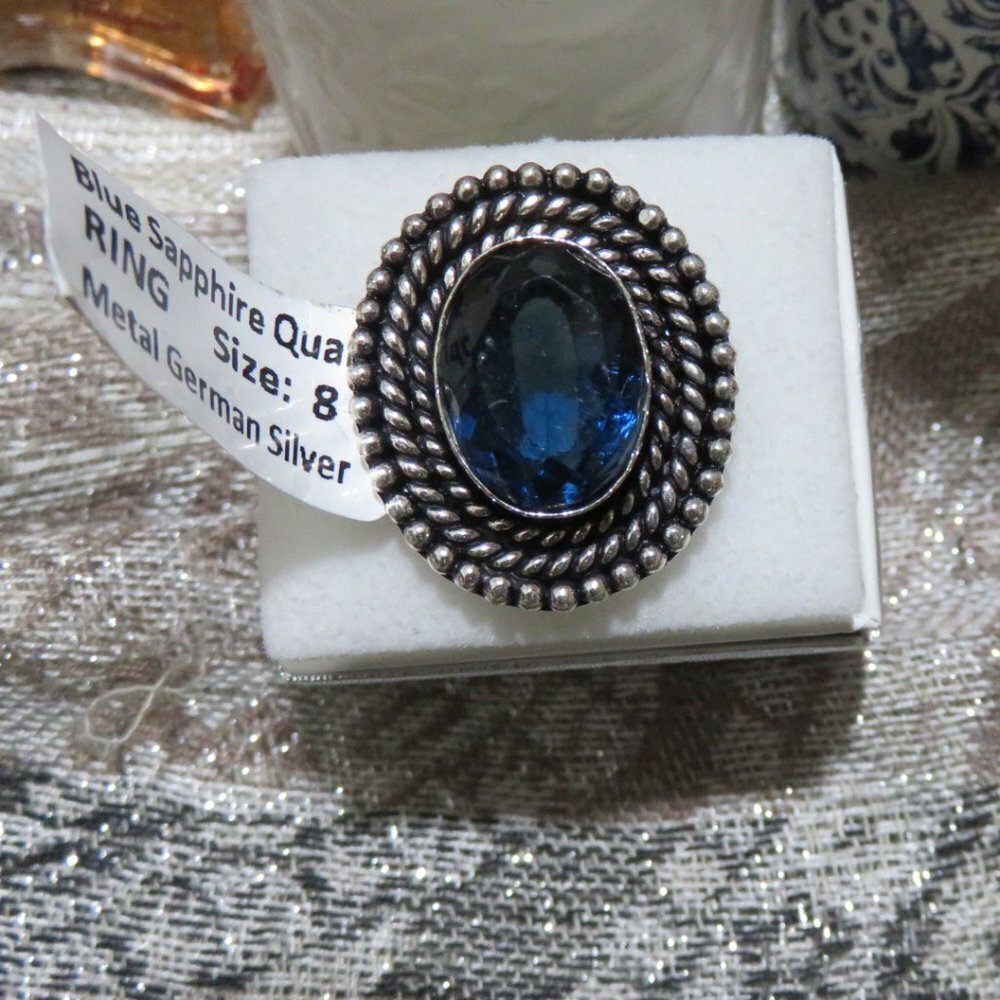 Sapphire Quartz & German Silver Size 8 RING intuition insight Stunning Blue